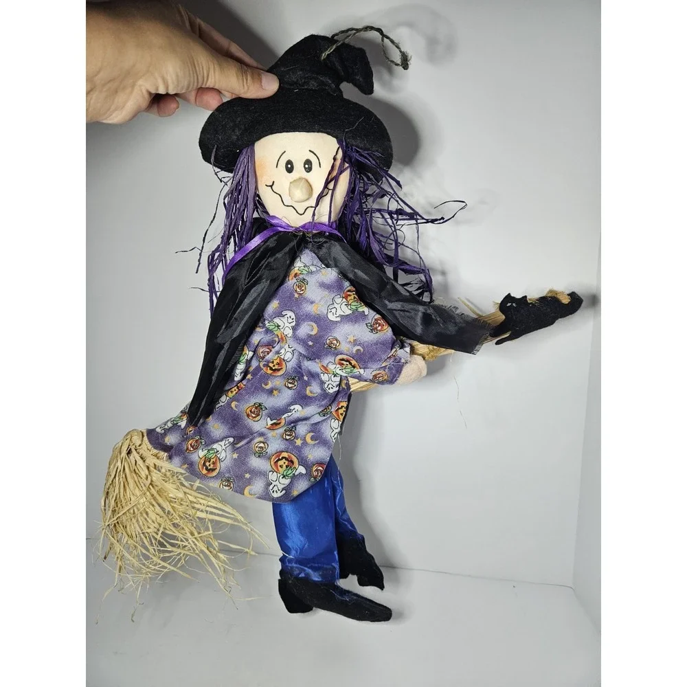 Flying Witch Hanging Decoration Straw Broom Black Cat Halloween Plush Folk Art